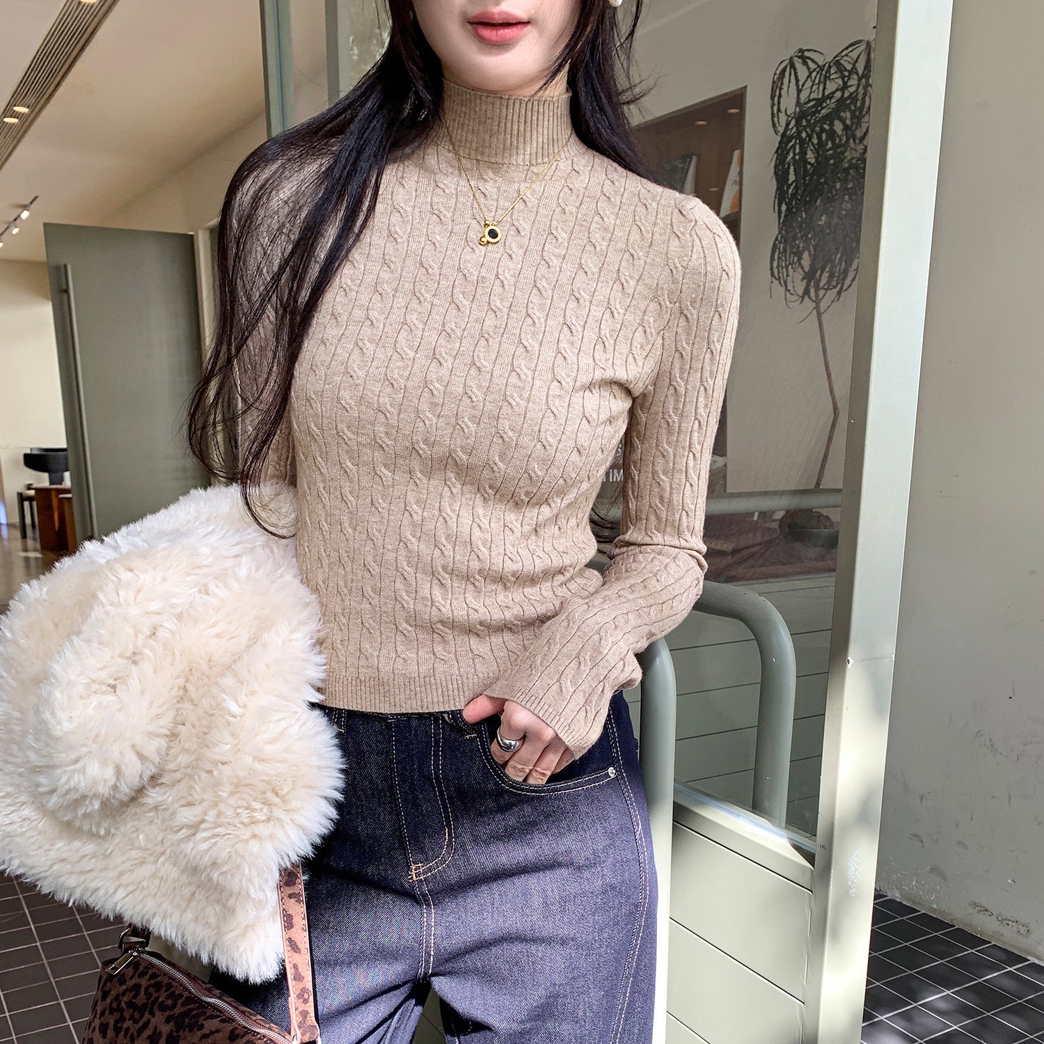 Chic Gray Cable Knit Crewneck Sweater Top for Women,  Slim Fit Short Length Underwear Shirt